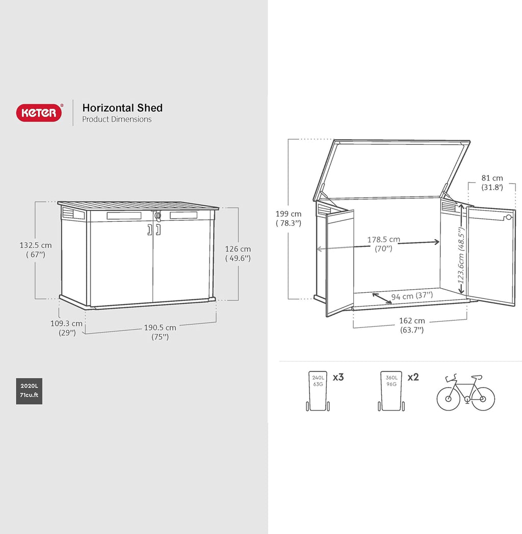 Horizontal Storage Shed with Hydraulic Lid, Double Doors & Lockable Design