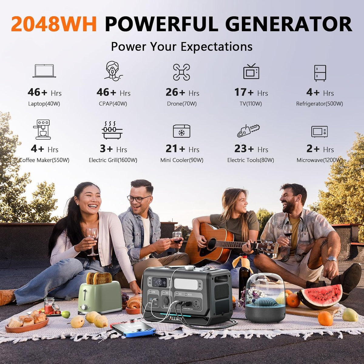 ALLWEI Power Station 2400W (Peak 4800W), 2048Wh LiFePO4 Solar Generator