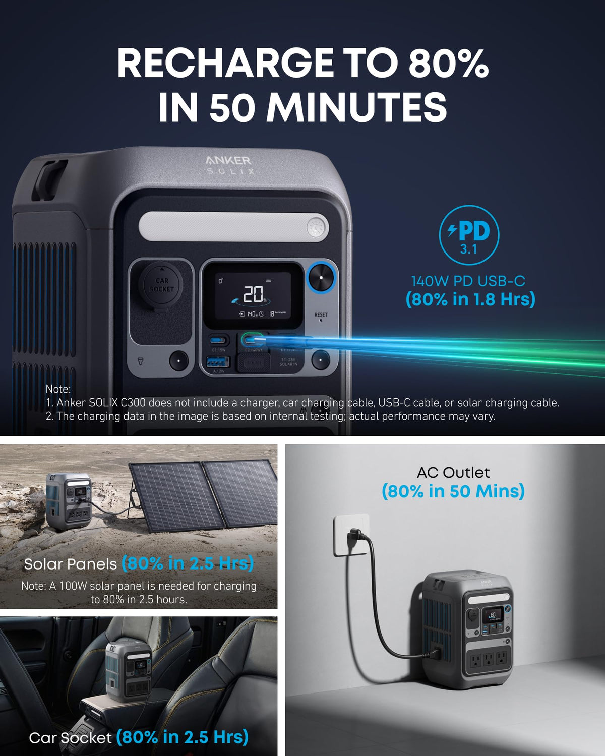 Anker SOLIX C300 Portable Power Station, 288Wh Solar Generator for Camping